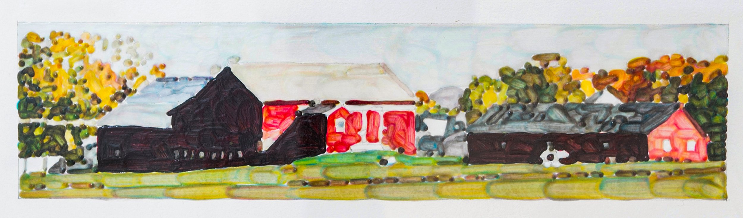 Red Barns, 1990s. Acrylic, 2 x 8 in. (10 3/8 x 16 1/4 in. framed)