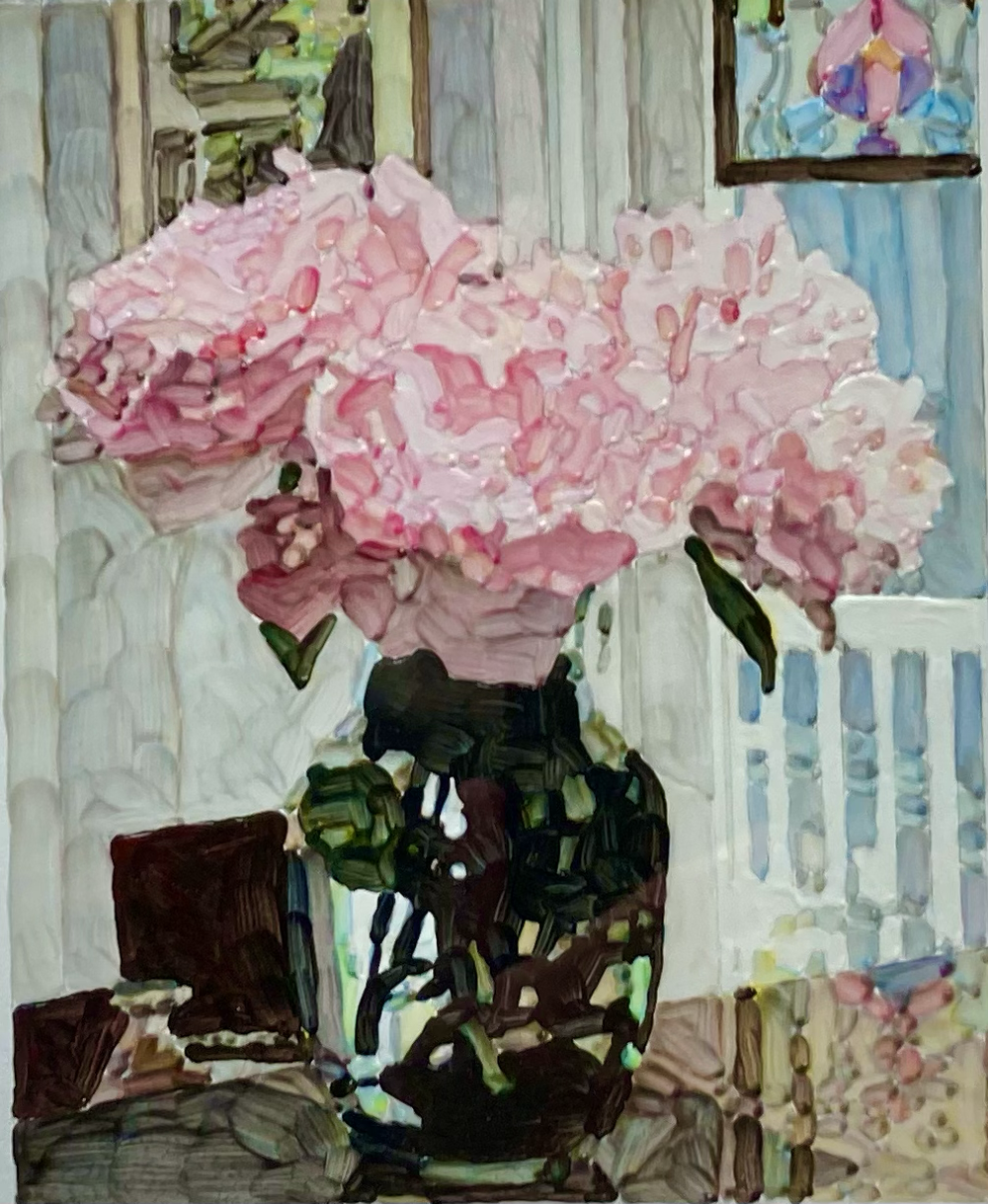 Peonies, 2000s. Acrylic on Board in Maple Frame, 6 1/2 x 5 1/4 in. (14 1/2 x 13 in. framed)
$2,400