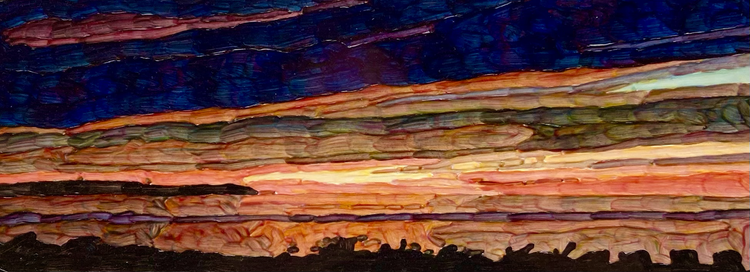 Sunset Above Sleeping Bear, 2000s. Acrylic on Board in Maple Frame, 4 1/2 x 12 in. (12 1/2 x 20 in. framed) $1,200