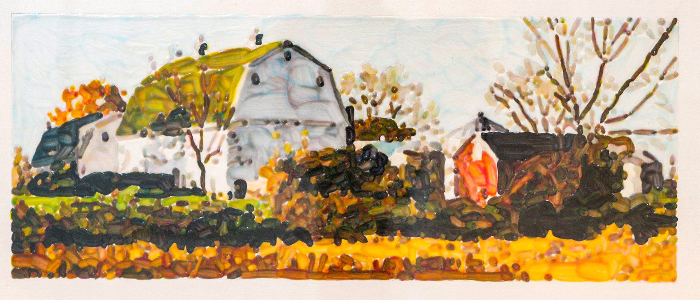 Three Barns, 1990s. Acrylic, 3 x 7 1/4 in. (11 x 15 1/2 in. framed)