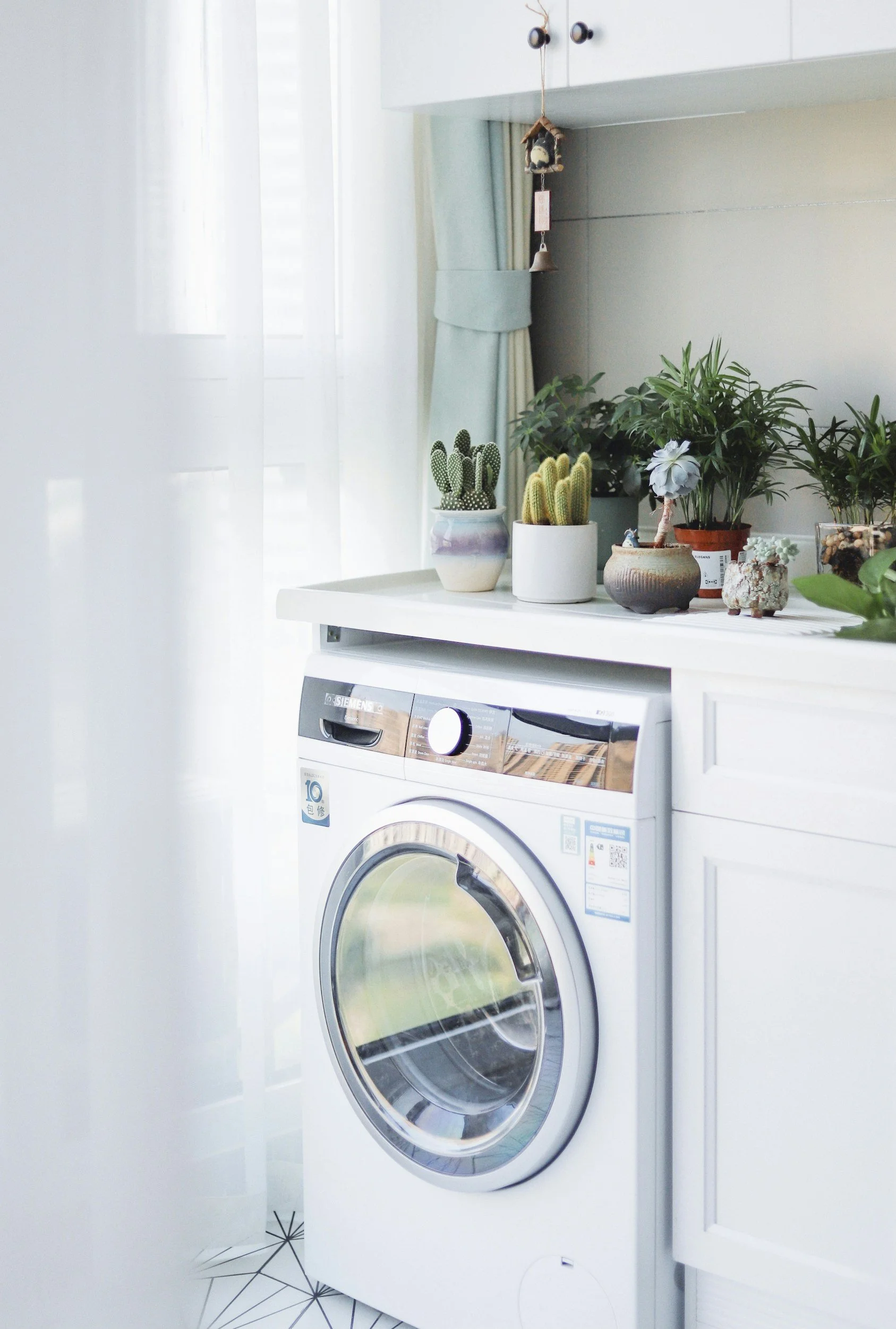 A front-loading washing machine in a laundry room with a display panel and control knob, placed beneath a white countertop decorated with potted plants, including cacti and leafy greens. Behind the machine, there are white cabinets and a window with sheer curtains.