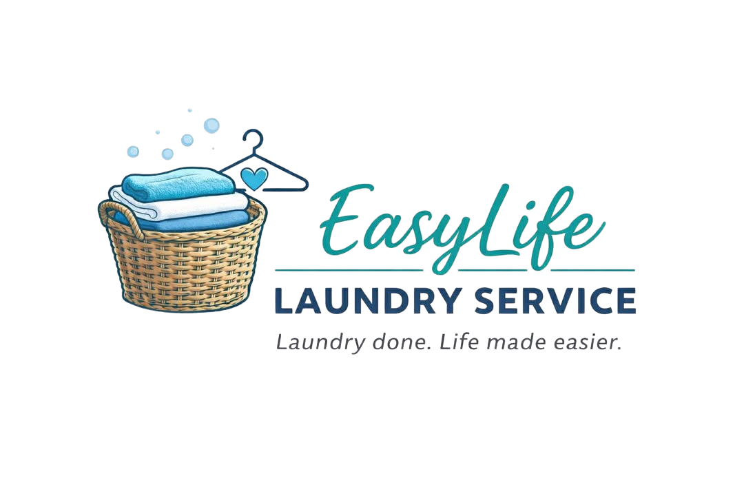 Logo for EasyLife Laundry Service featuring a basket of folded clothes and a hanger on a wire with neon-style text