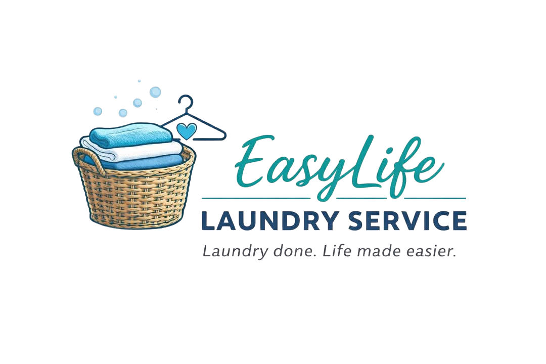 Logo for EasyLife Laundry Service featuring a laundry basket filled with folded clothes, a hanger with a heart, and the text 'EasyLife Laundry Service' with the tagline 'Laundry done. Life made easier.'