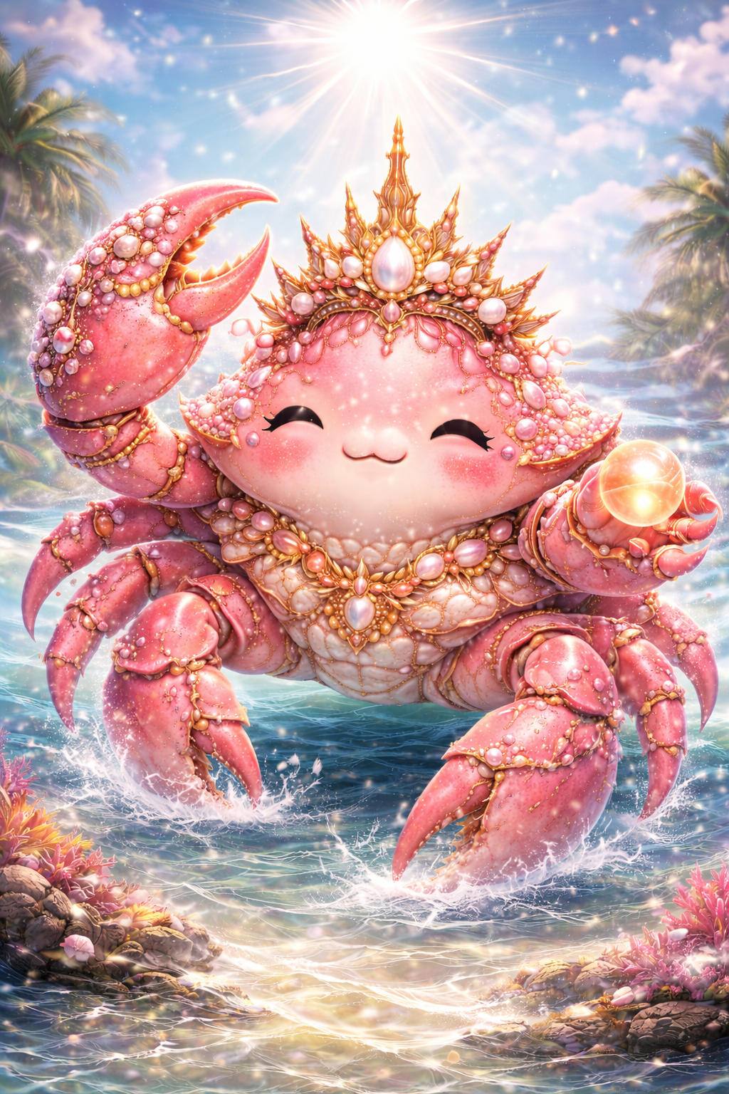 A cute, cartoon-like crab with a smiling face, adorned with pearl and gemstone jewelry, standing in the water under a bright sun, with palm trees and coral in the background.