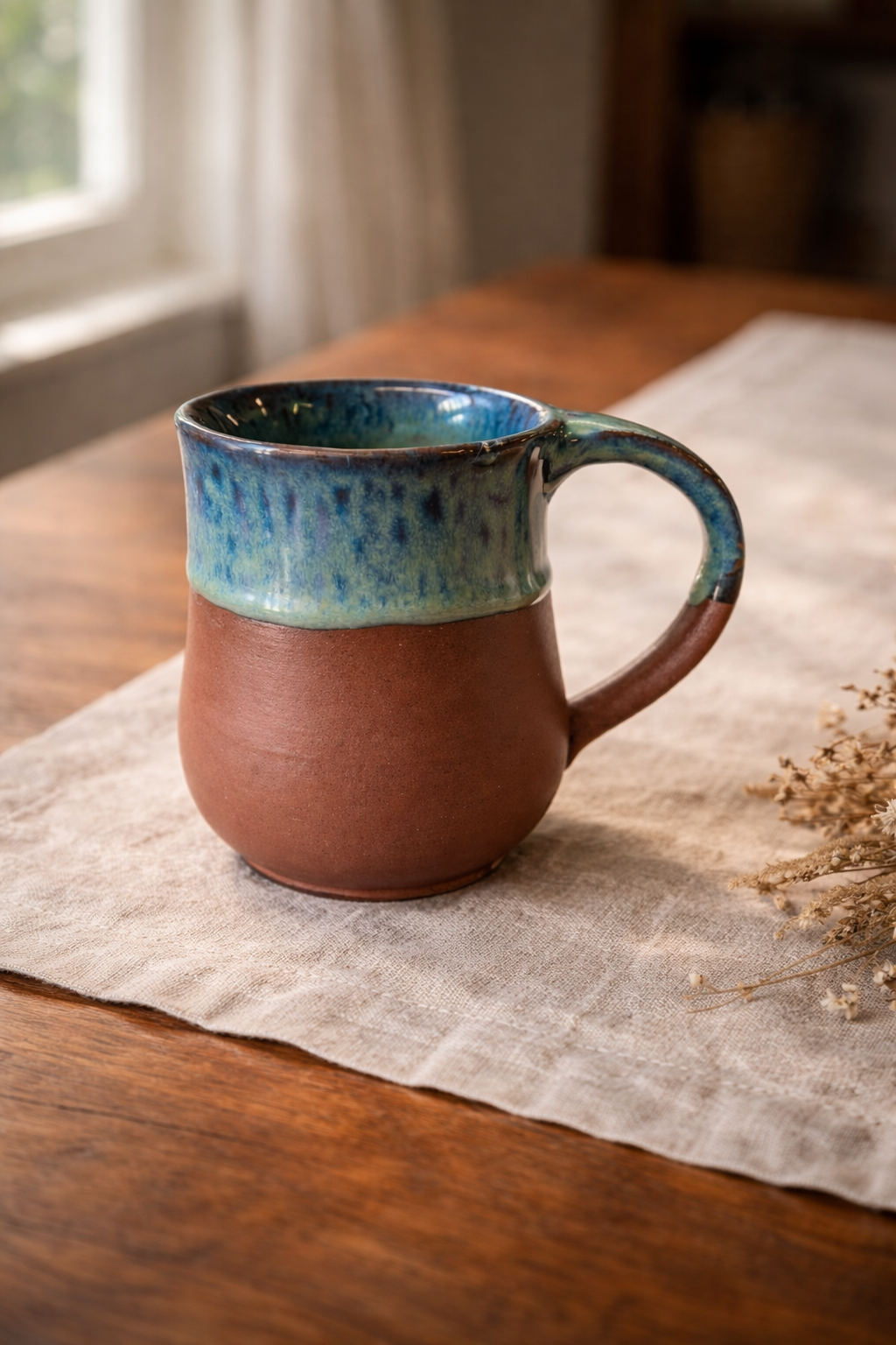 Red Stoneware Mug with Ocean Glaze