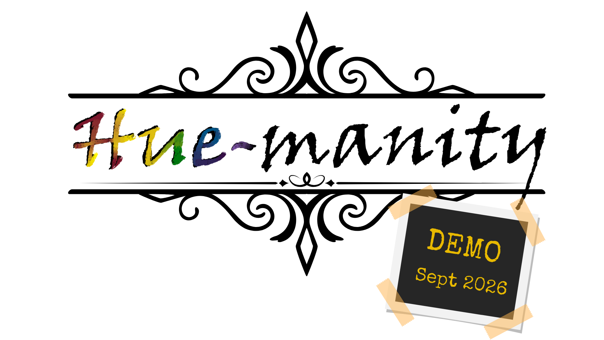 Colorful text spelling 'Hint' with a black sign reading 'DEMO Sept 2026' attached to an orange folder.