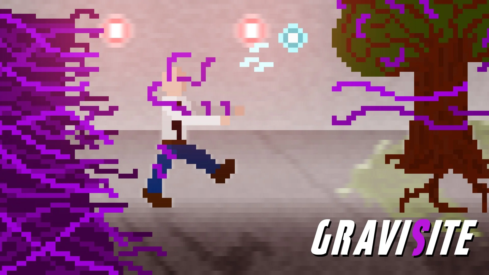 Pixelated image of a person running past a pixel art tree with purple branches and leaves, and purple lightning on the left side. The background is beige. Text at the bottom says 'GRAVITY' in white and purple.