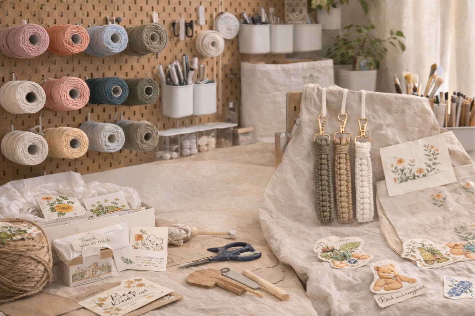 A craft workspace with colorful yarns on a pegboard, various tools, fabric, embroidery patches, and decorative items arranged on a table.