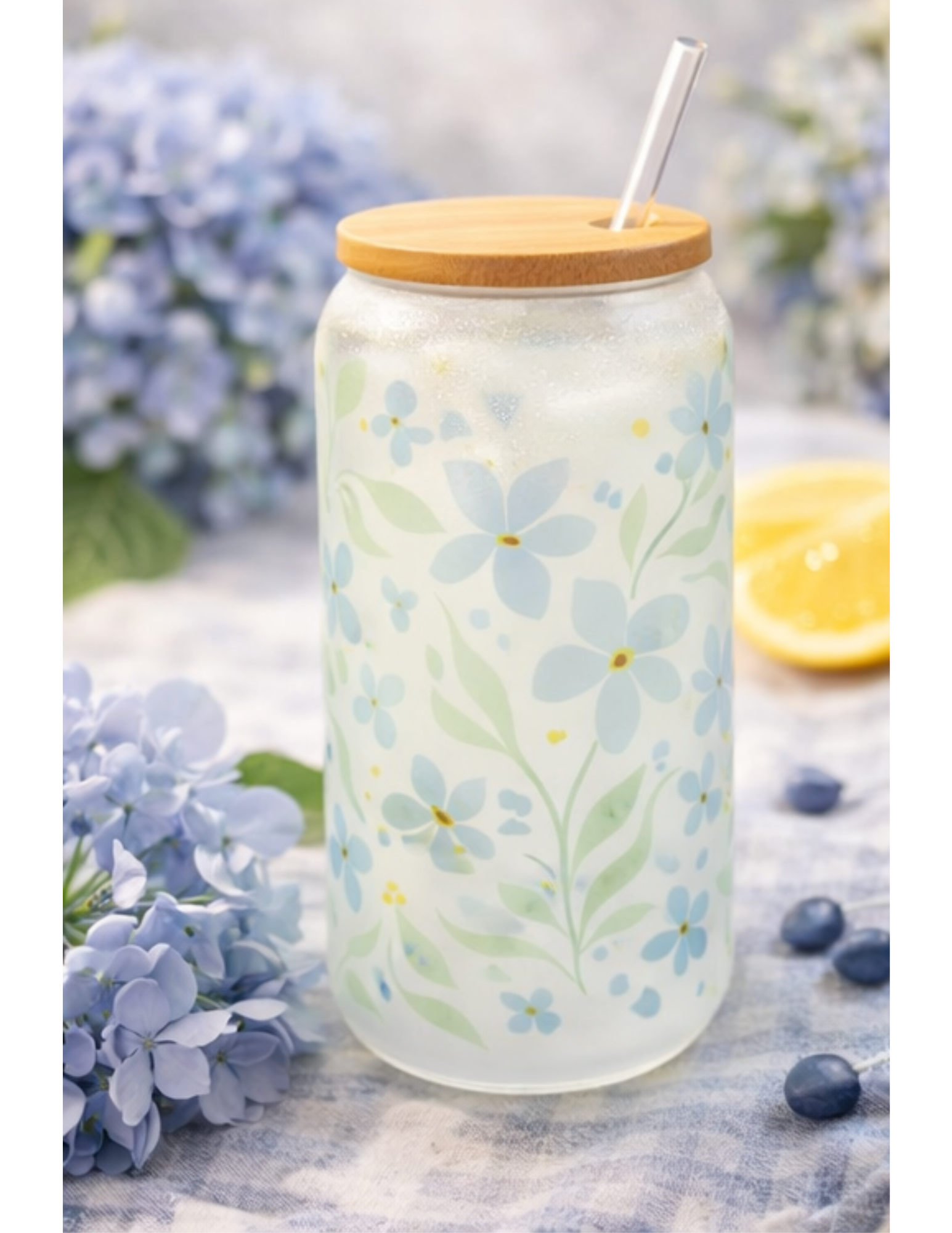 Blue Floral Glass Tumbler