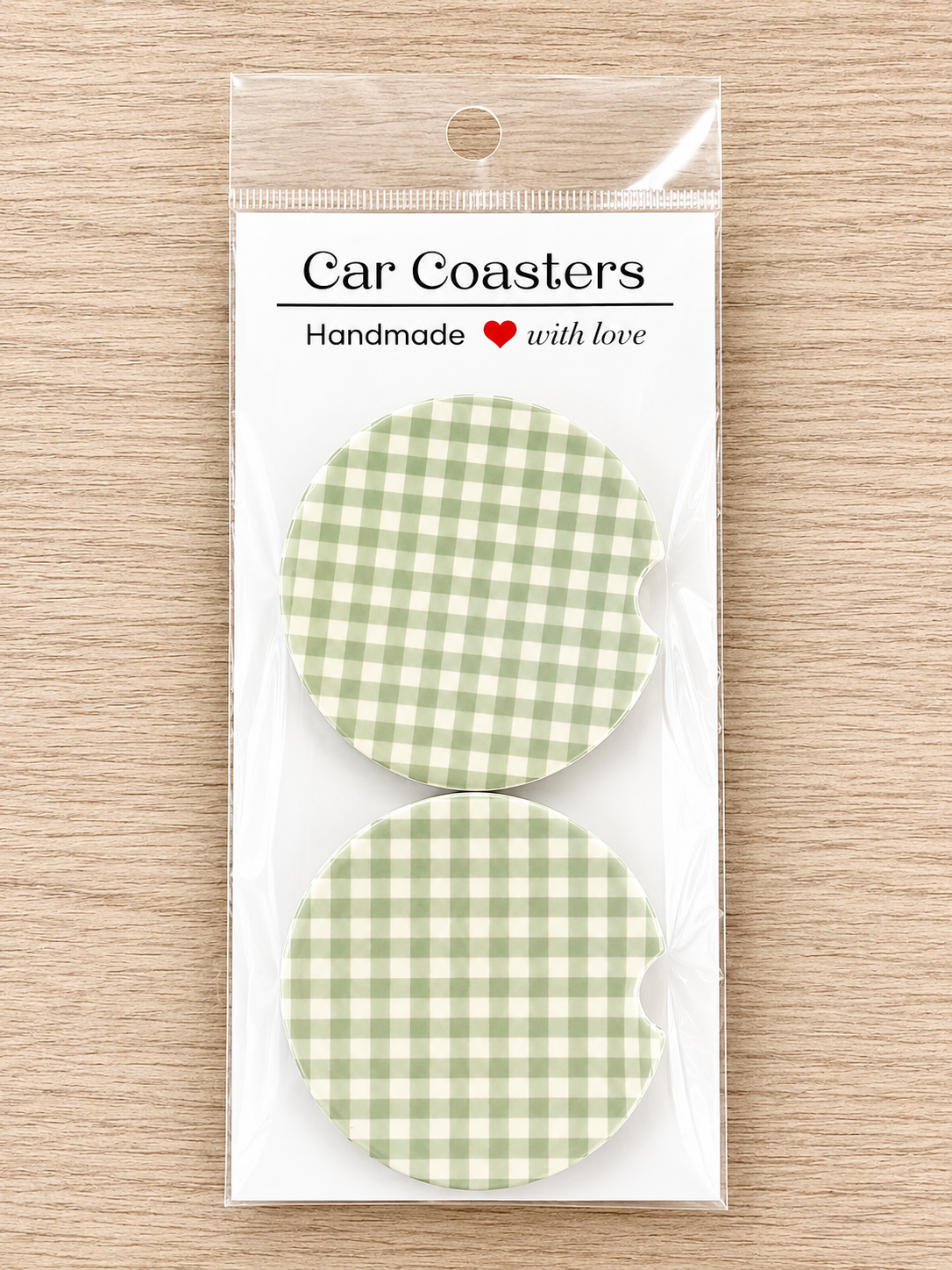 Green Gingham Car Coasters