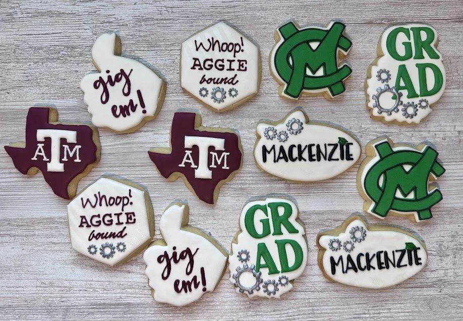 Decorated cookies with Texas A&M University theme, featuring logos, the words "whoop! AGGIE bound," "gig 'em!", and "Mackenzie."