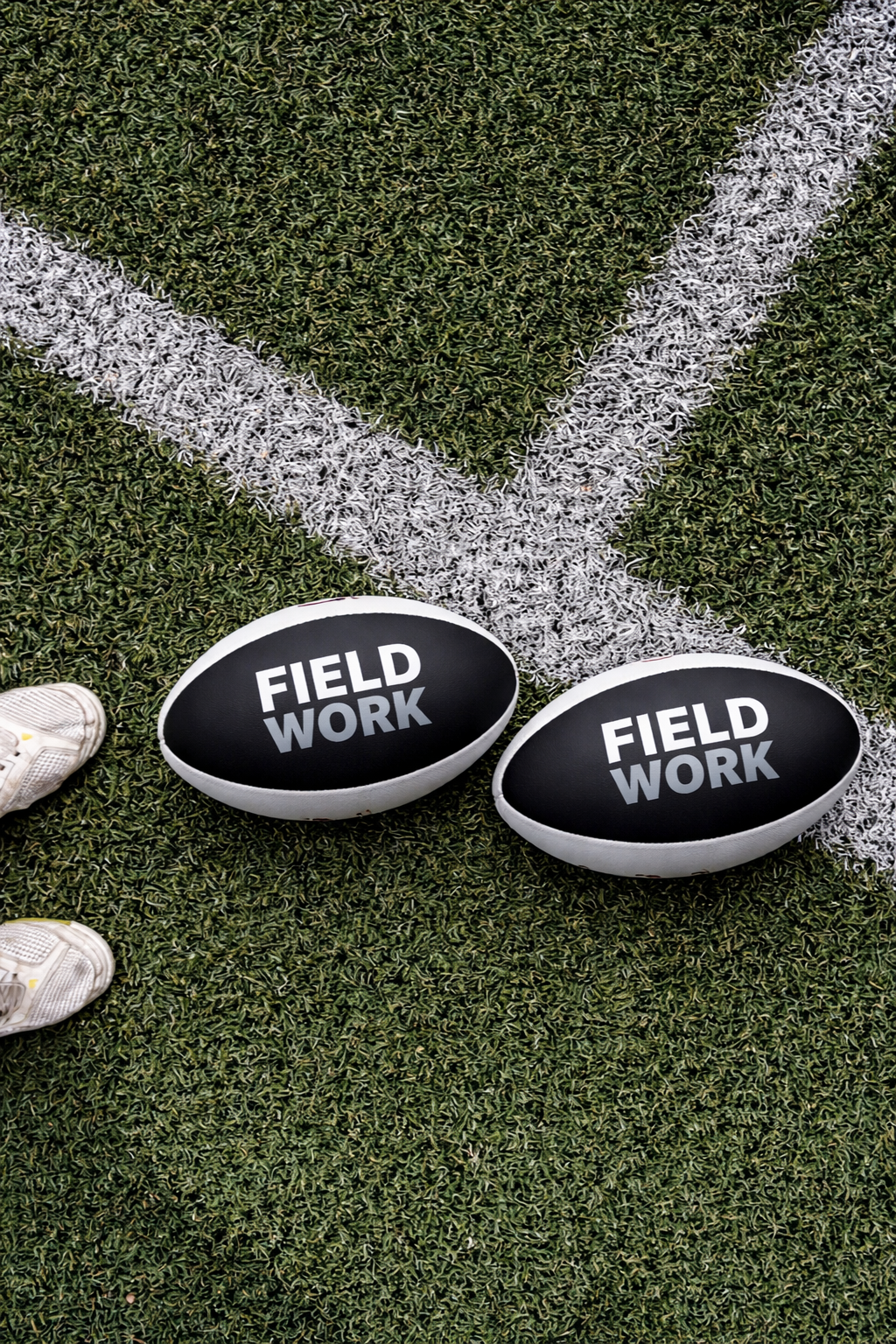 Two black and white footballs with the words "FIELD WORK" on a grassy field near white yard line markings.