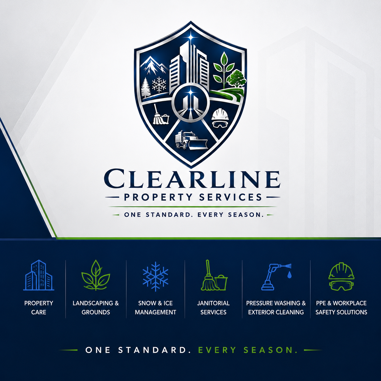 Logo for Clearline Property Services featuring a shield with illustrations of mountains, trees, a building, a snowflake, a broom, a pressure washer, and safety goggles. Tagline reads 'One Standard. Every Season.' Below, icons depict property care, landscaping, snow and ice management, janitorial services, pressure washing, and PPE safety solutions.
