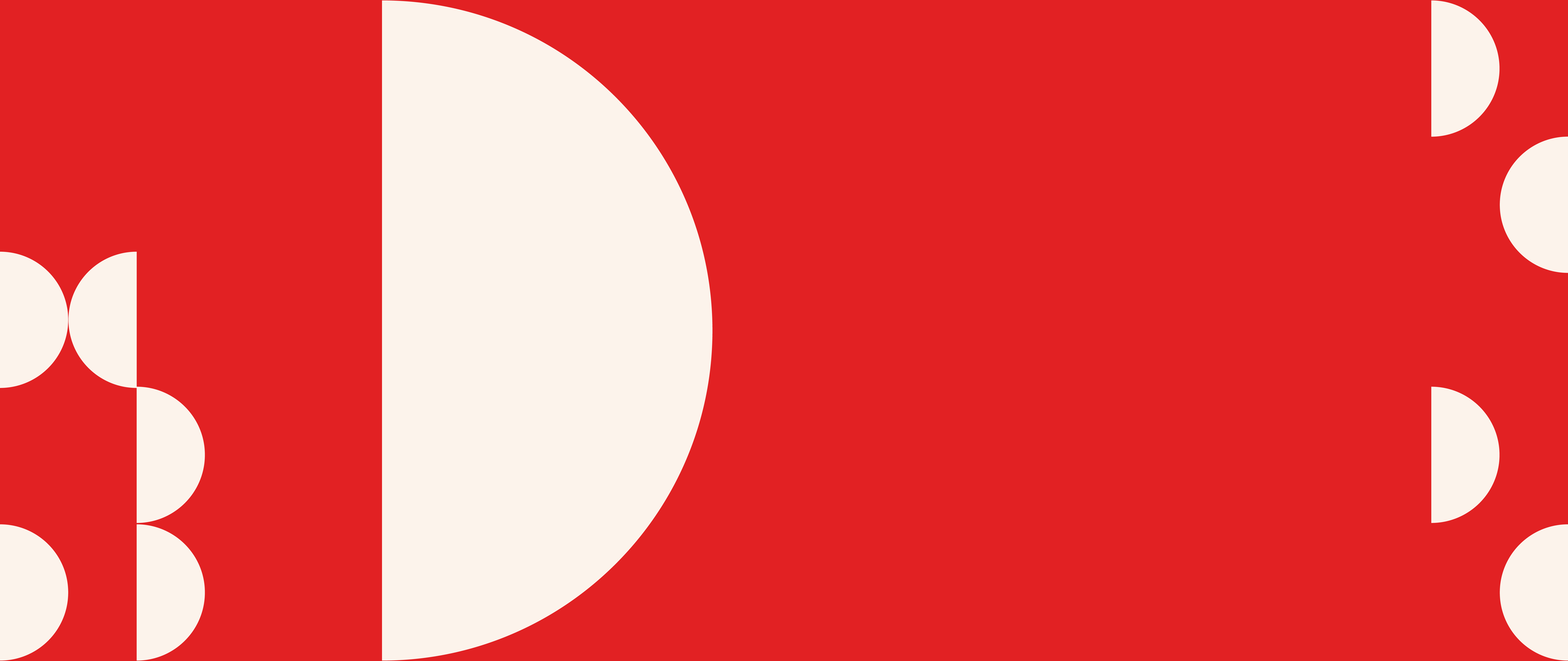 Red background with white geometric shapes, including a large semicircle and smaller semicircles and rectangles.