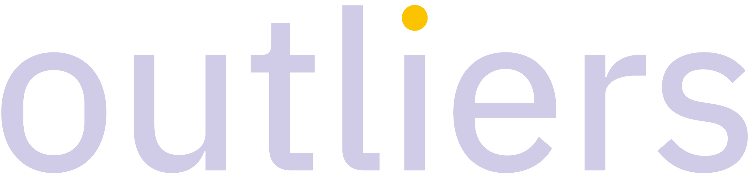 Outliers logo in light purple lowercase lettering with a yellow dot over the letter ‘i’.