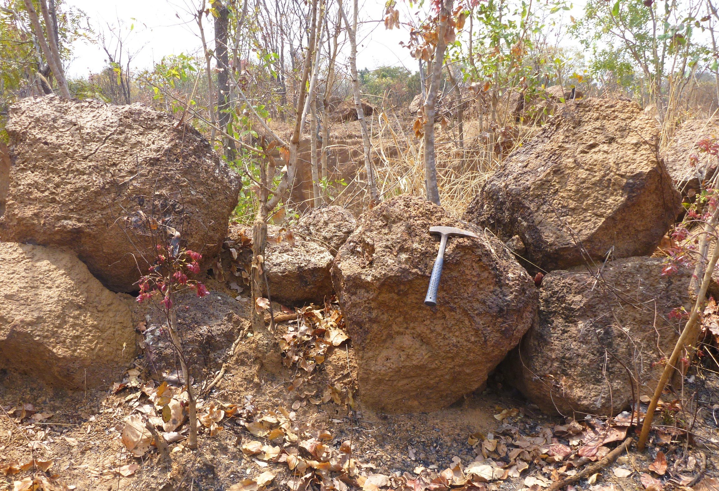Duricrust blocks are remnants of an ancient laterite regolith landscape.