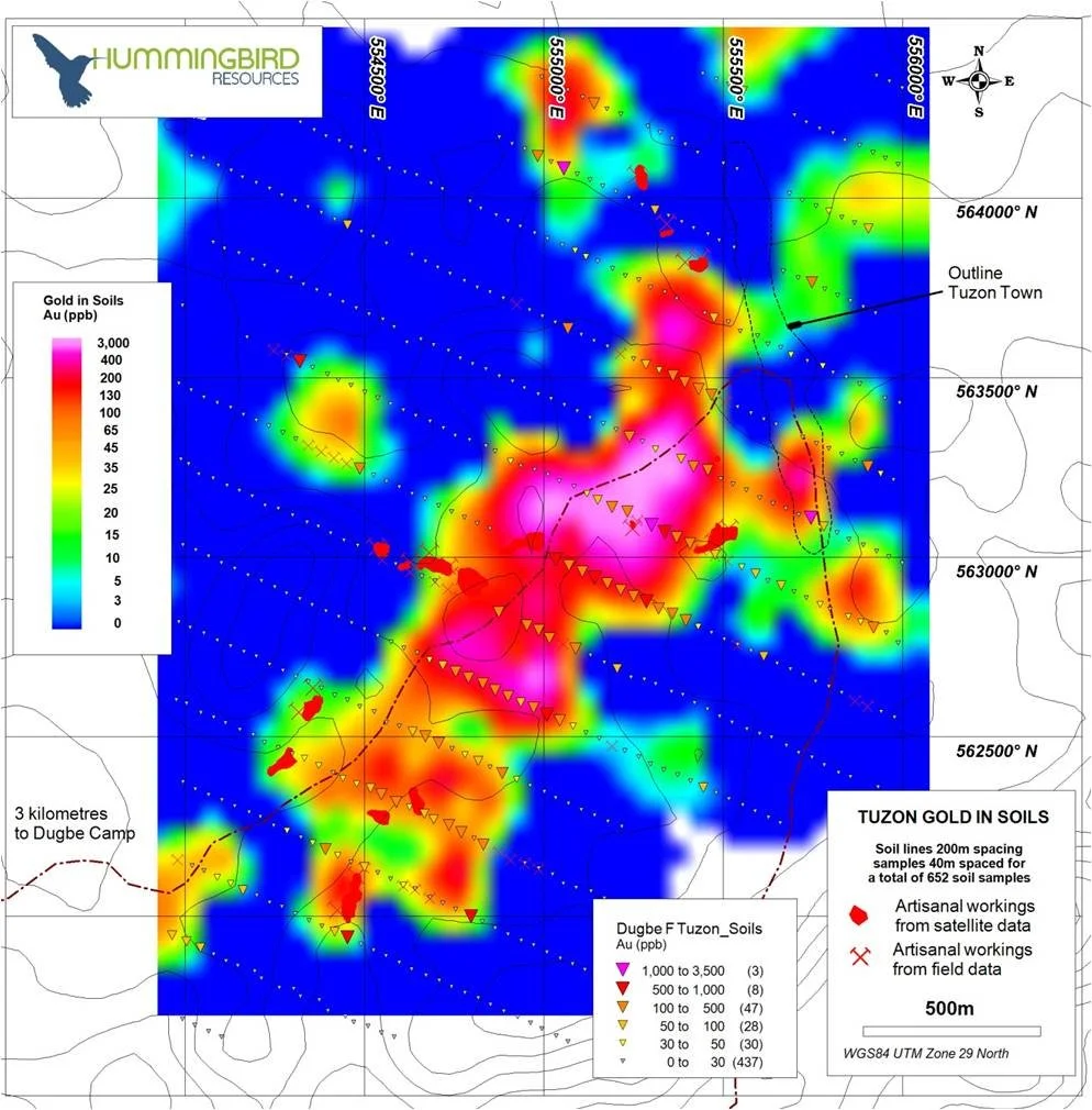 Gold results from laterite B soil geochemistry. The soil lines are perpendicular to the Dugbe shear trend and placed 250 meters apart. Soil sampling stations every 40 meters. The 2.4 million ounce gold deposits daylights at the soil anomaly.