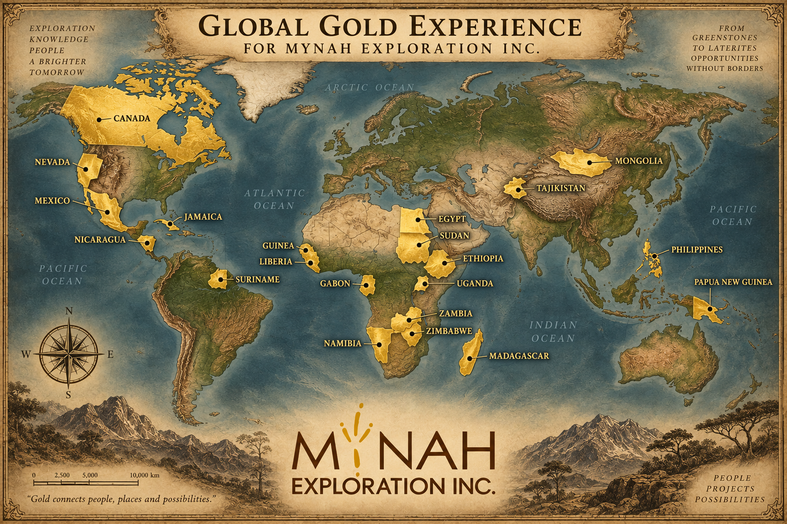 Map showing global gold experience for Mynah Exploration, with strong experience in Africa. Boots to the ground these are real, in the field, work experiences in gold exploration.