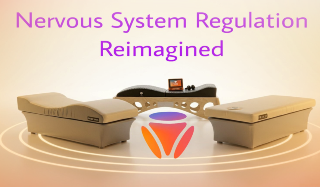 Innovative therapy setup with two massage tables, a central control device, and a logo in orange and purple colors, featuring the text 'Nervous System Regulation Reimagined' in bright purple.