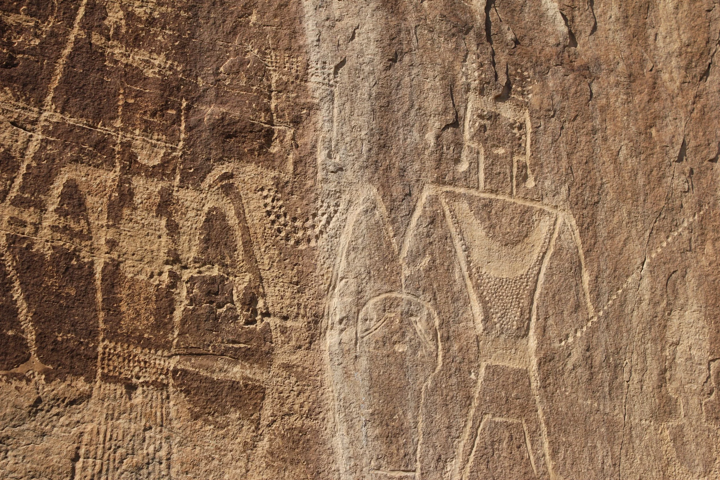 Close-up view of ancient petroglyphs carved into a reddish-brown rock surface, depicting geometric shapes and animal figures.