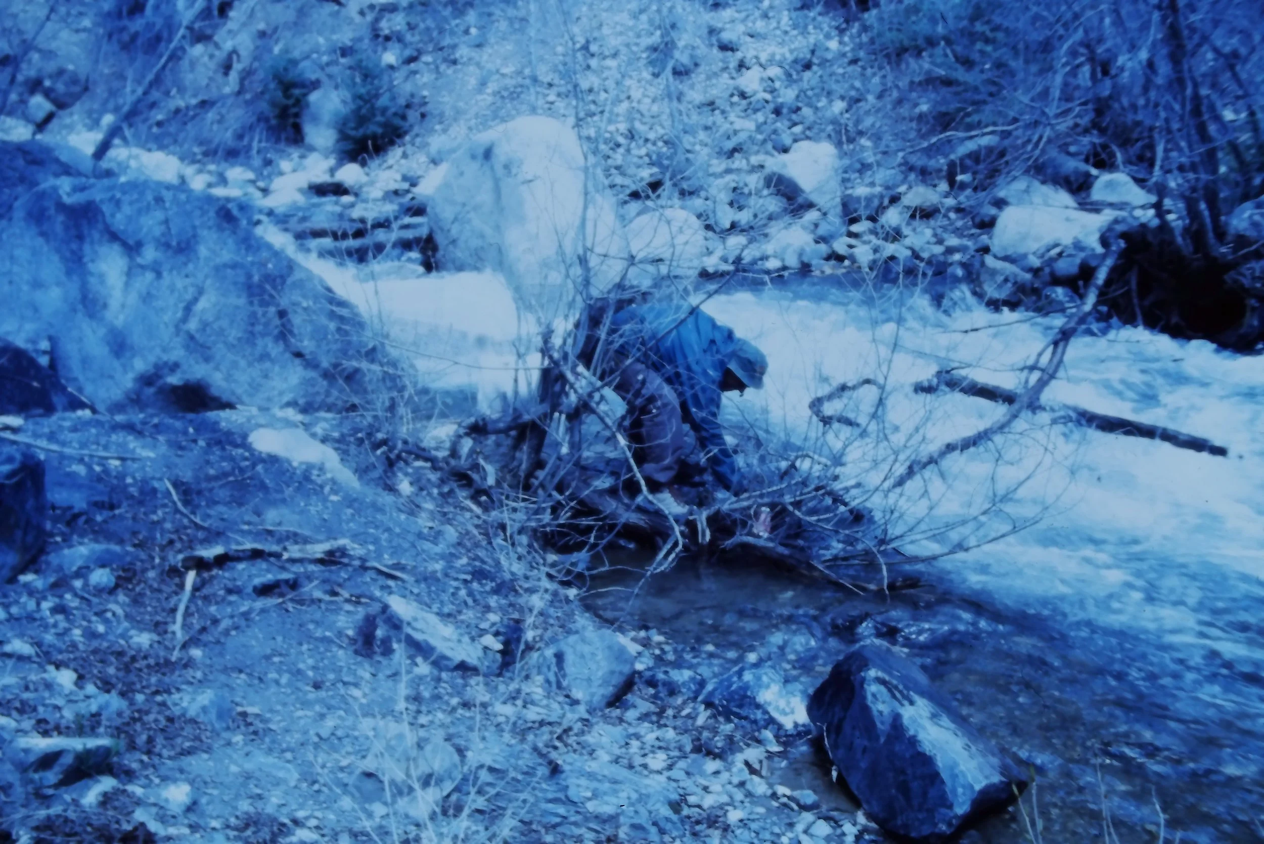 A person wearing a winter coat with a hood, surrounded by snow-covered rocks and branches, walking through a snow-covered forest or area.