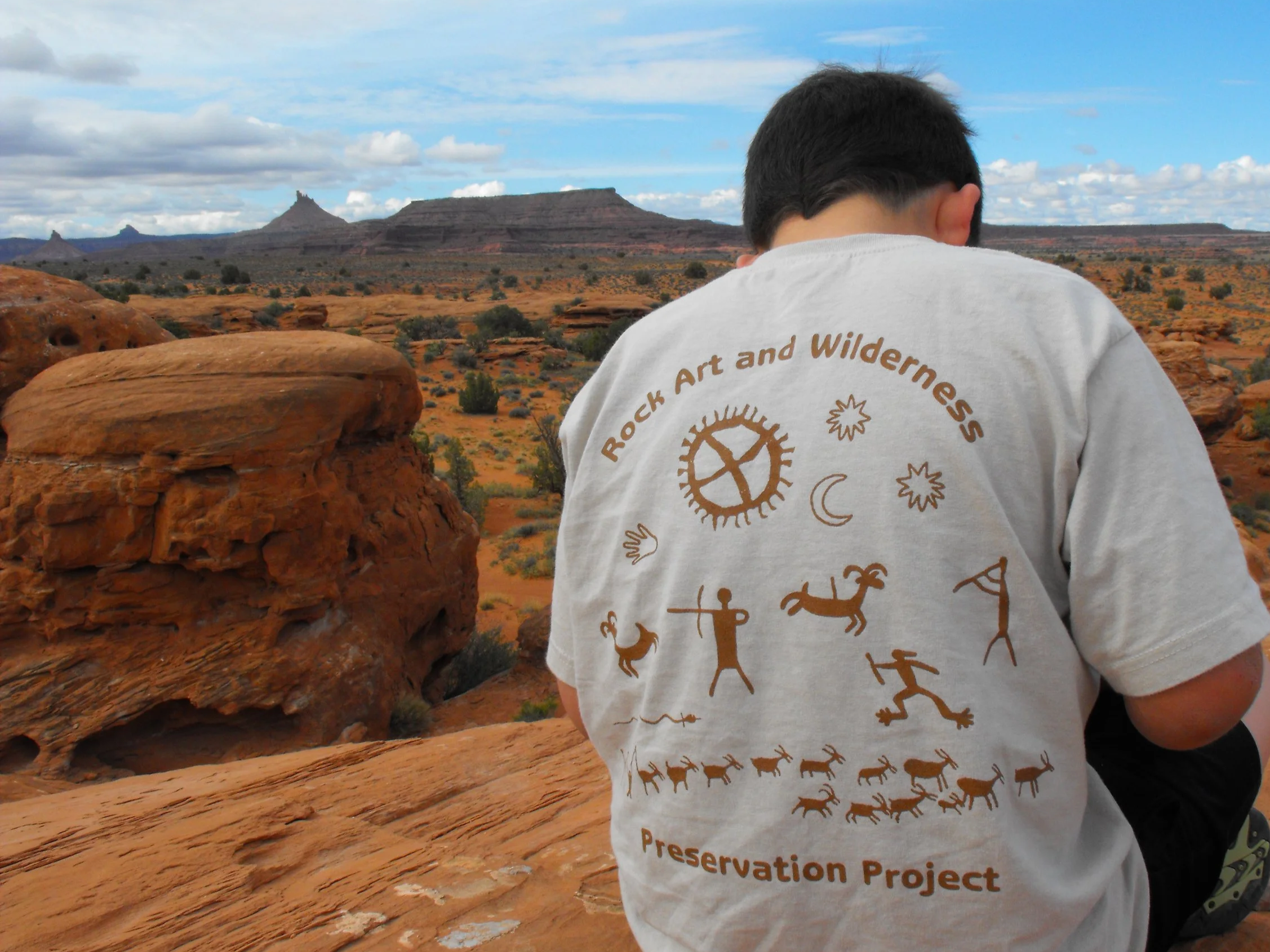 Person wearing a T-shirt with text and symbols, overlooking a desert landscape with rock formations and a cloudy sky.