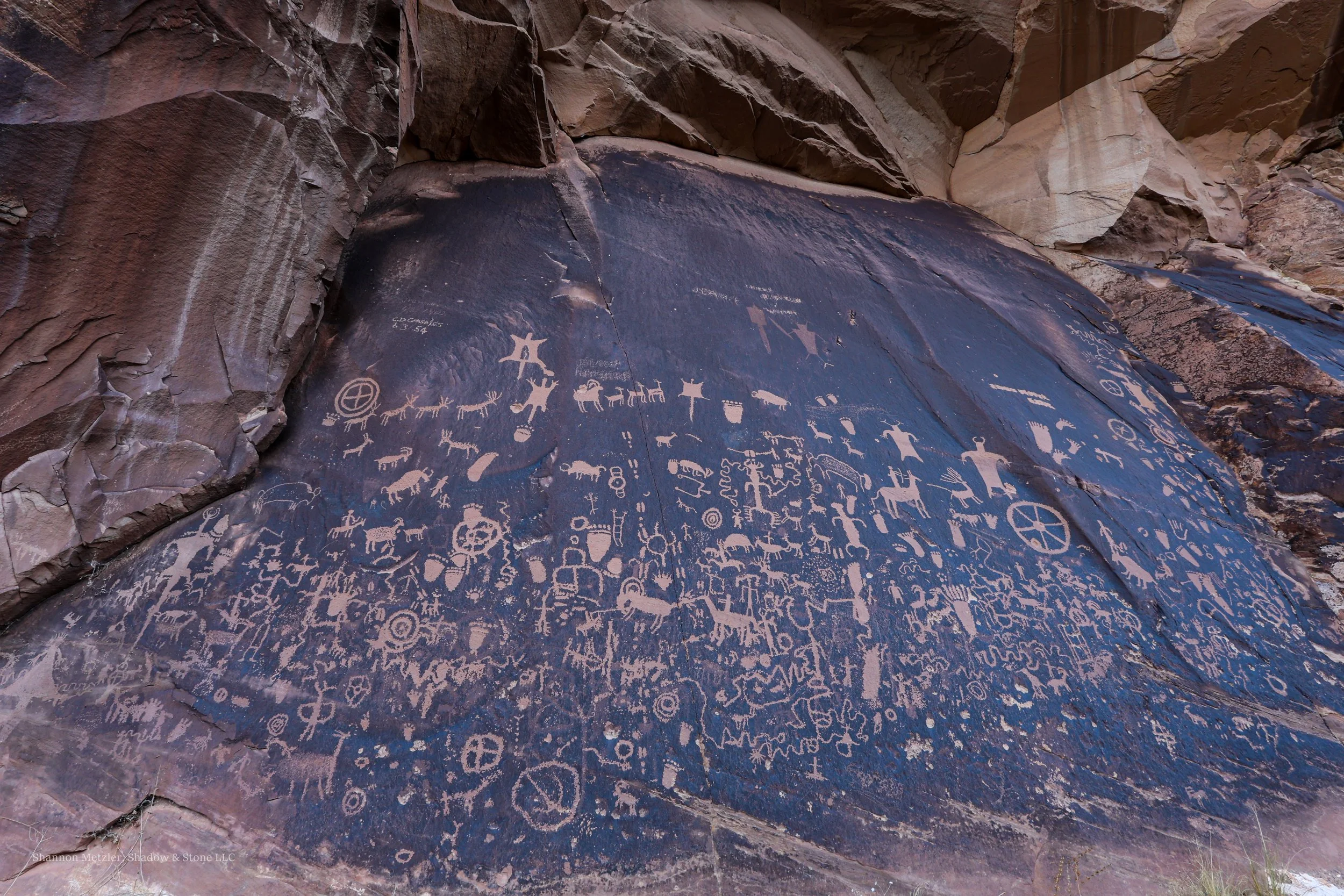 Ancient petroglyphs etched into a dark rock surface, depicting various symbols, animals, and primitive figures, surrounded by reddish-brown rock formations.