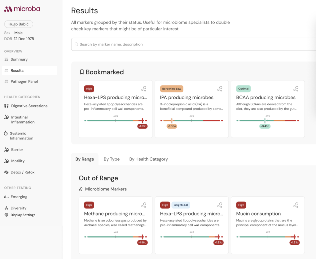 Screenshot of a microbiome analysis dashboard showing results for a person named Hugo Babić, born December 12, 1975, with colored markers indicating different microbial markers and their health implications, such as Hexa-LPS, IPA, and BCAA.