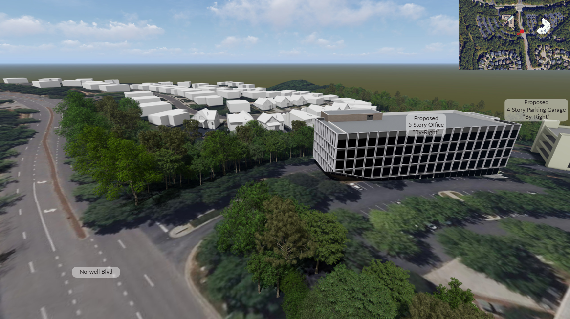 Aerial view of by-right development & neighborhood from Norwell Blvd
