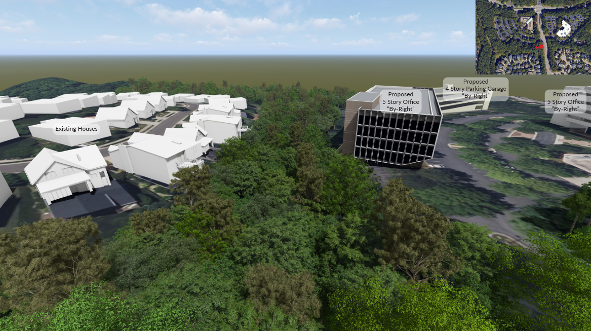 Aerial view of by-right development & neighborhood from Norwell Blvd