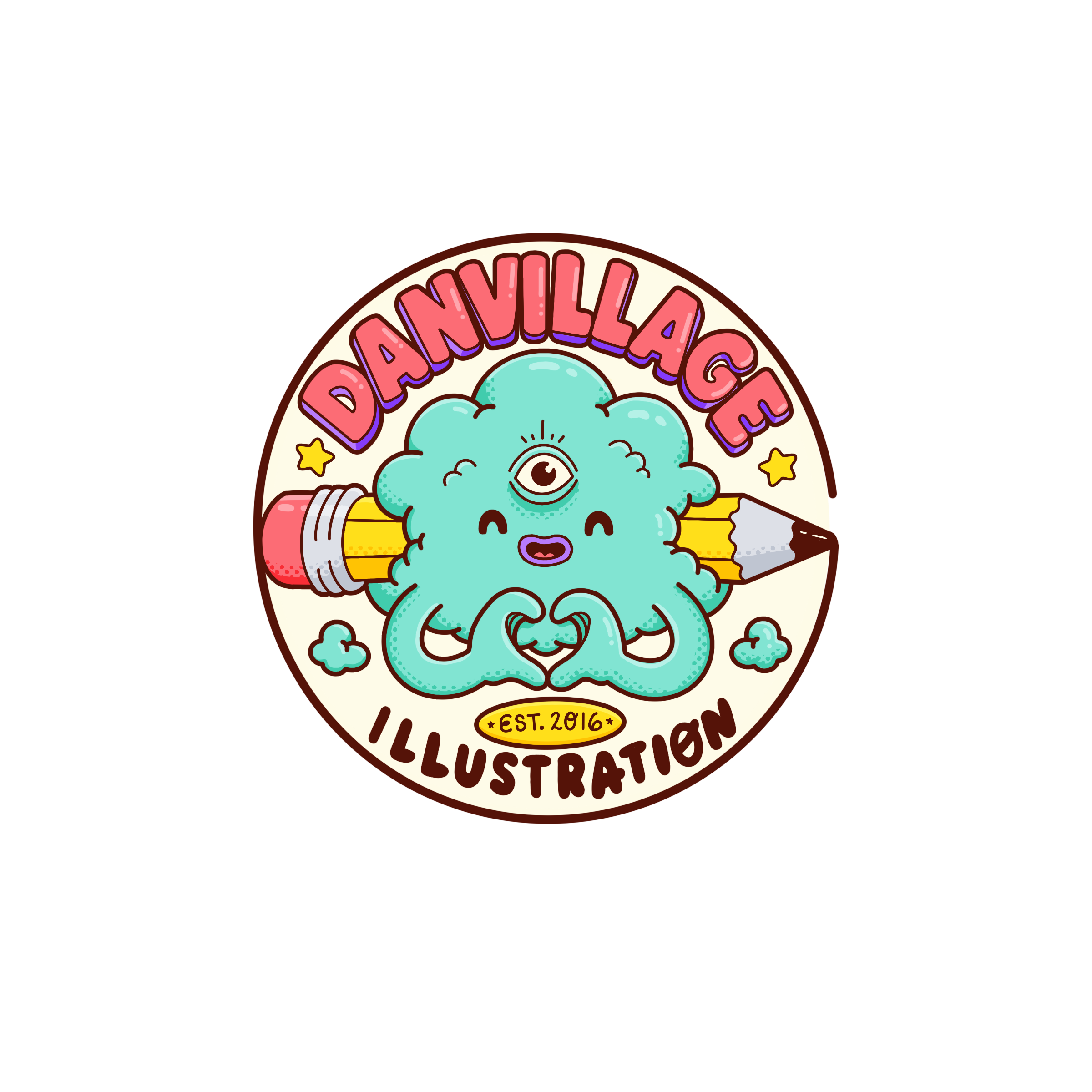 Whimbus is a joyful cloud and the mascot of Danvillage illustration.  He has a third eye, a pencil through his cloud body, and is making a heart gesture with his hands.