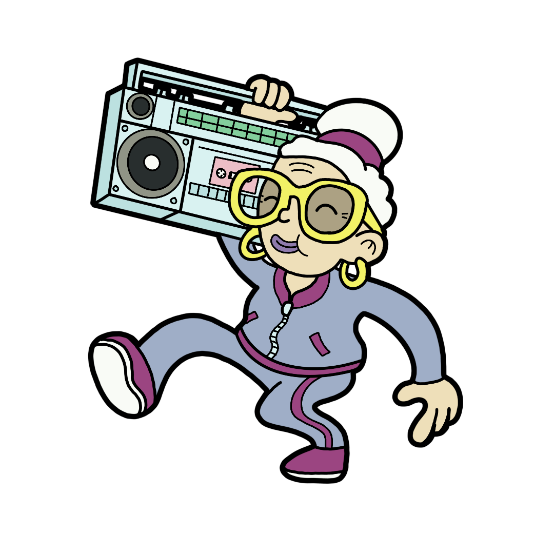 Postmates Feast For LA campaign character illustration — animated elderly woman with goggles and boombox in a tracksuit, original character design by Danvillage illustrator Daniel Sulzberg