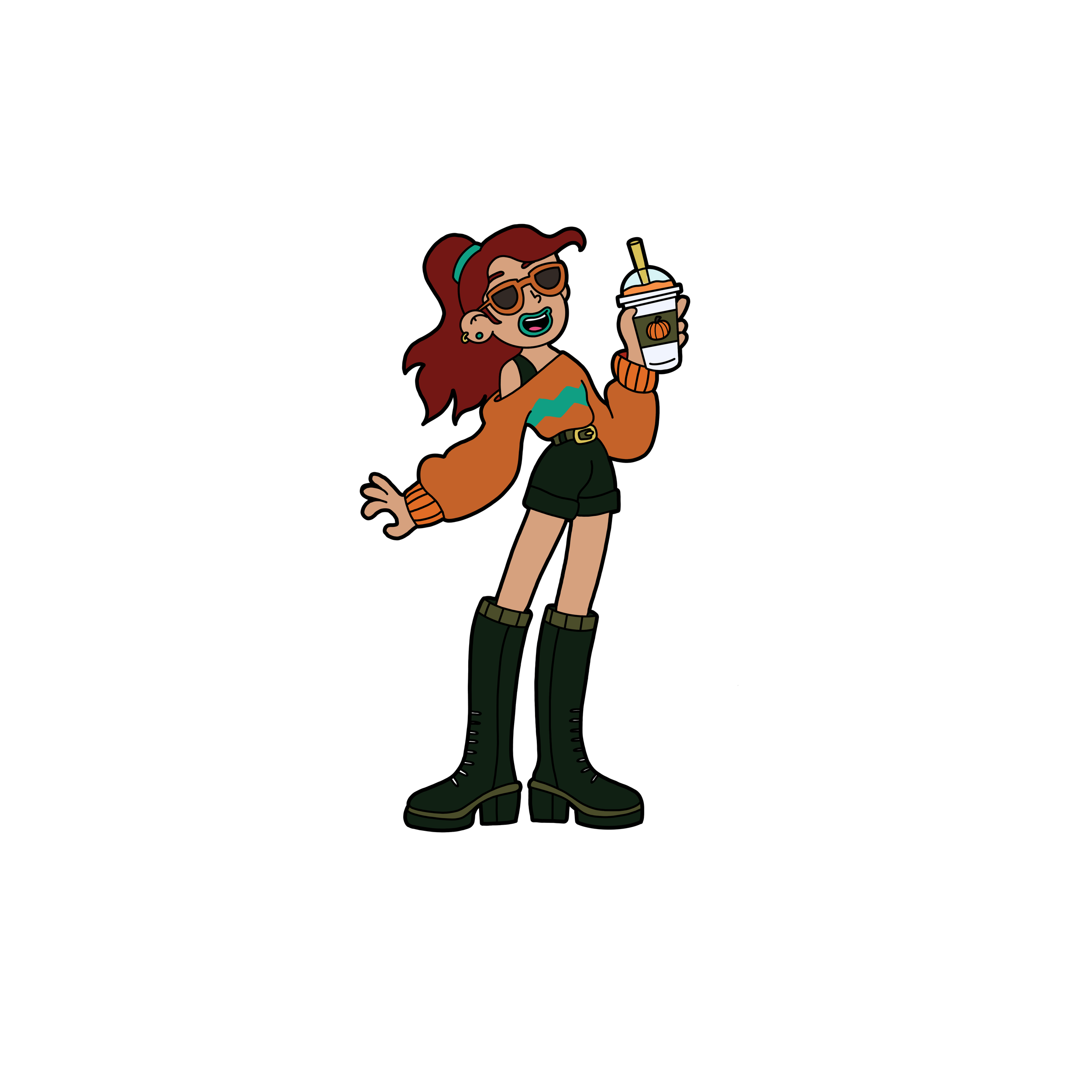Postmates Feast For LA campaign character illustration — animated young woman with long hair holding a drink in boots and shorts, original character design by Danvillage illustrator Daniel Sulzberg