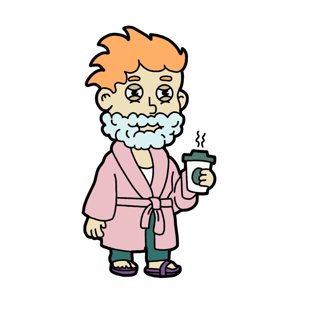 Postmates Feast For LA campaign character illustration — animated older bearded man in a pink bathrobe holding a coffee cup, original character design by Danvillage illustrator Daniel Sulzberg