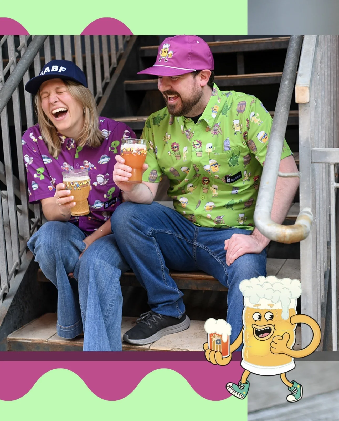 Couple enjoying craft beer at GABF 2025, wearing Great American Beer Festival branded hats designed by Danvillage