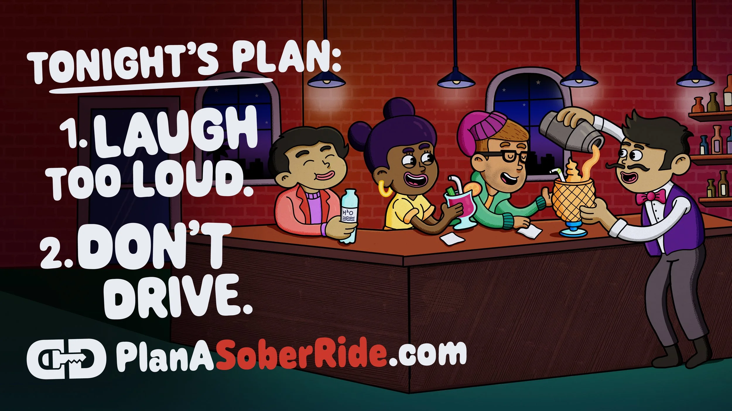 CHP Plan A Sober Ride billboard: "Tonight's plan: laugh too loud, don't drive" — bar scene illustration by Danvillage for California Highway Patrol sober driving campaign