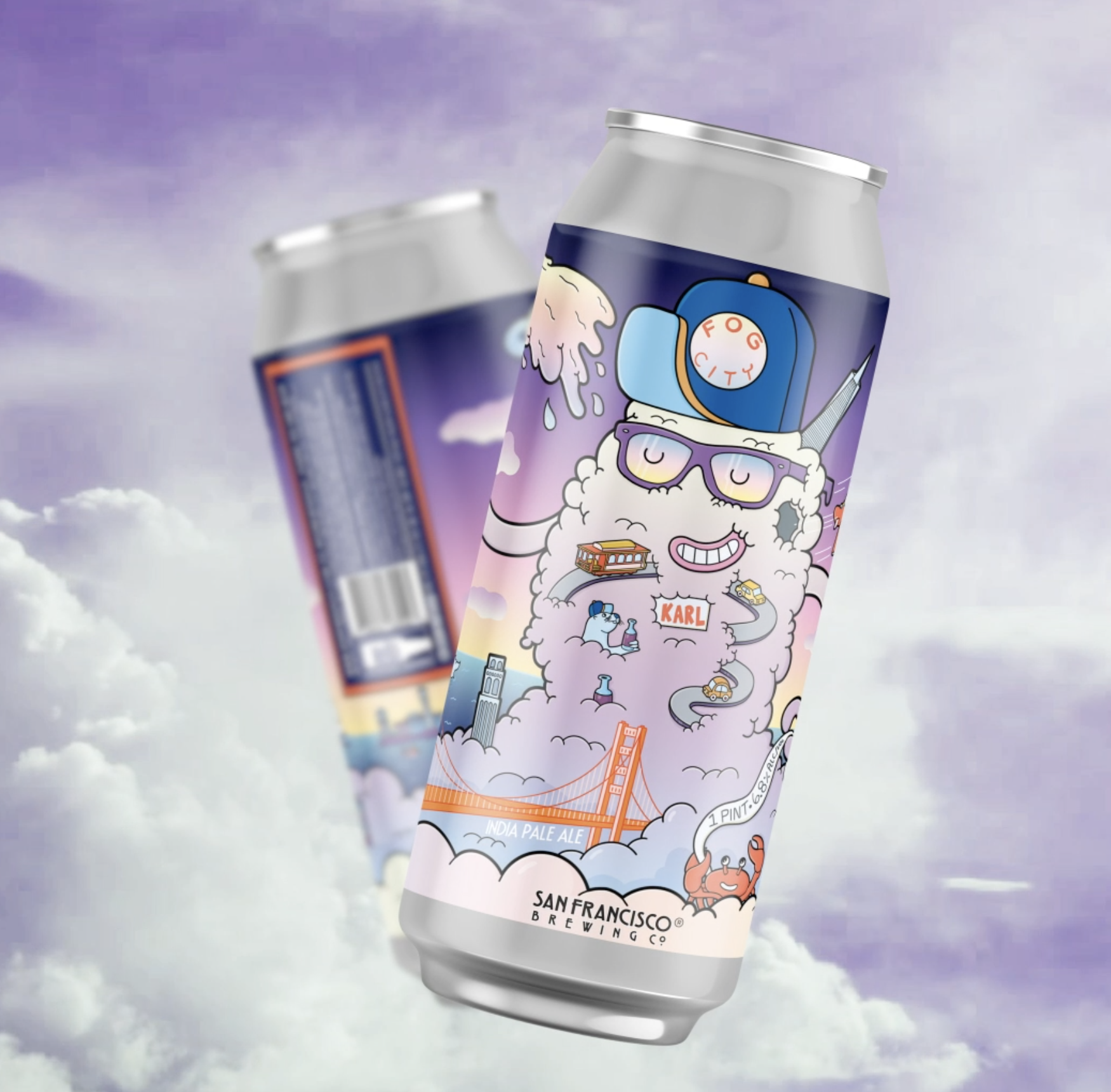 SF Brewing Co. Fog City Hazy IPA can close-up showing Danvillage's illustrated label design with Karl the Fog and San Francisco skyline artwork