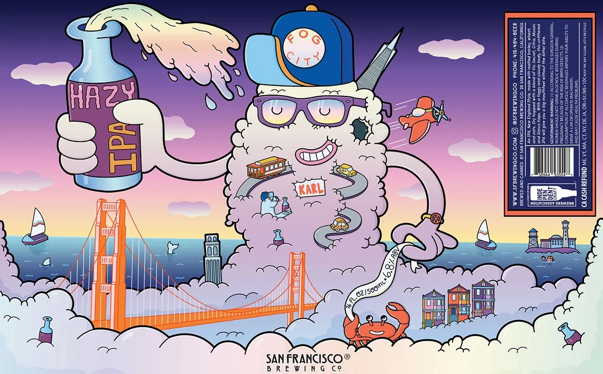 San Francisco Brewing Co. Fog City Hazy IPA beer can label flat design by Danvillage — featuring Karl the Fog, Golden Gate Bridge, cable cars, and SF landmarks in a whimsical illustration style