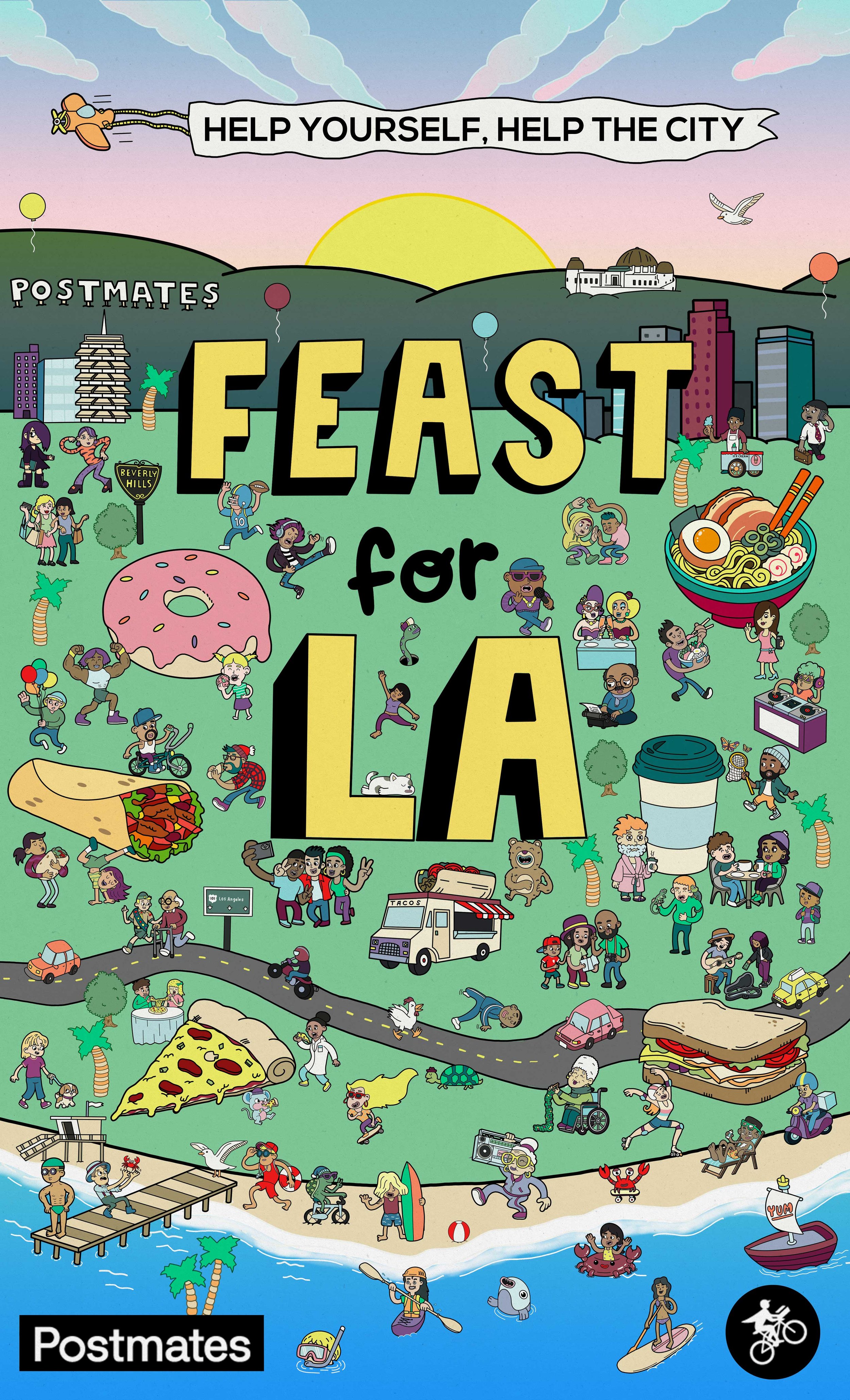Postmates Feast For LA illustrated campaign poster detail — colorful scene with food, LA landmarks, and community characters with "Help Yourself, Help the City" and wildfire relief messaging by Danvillage