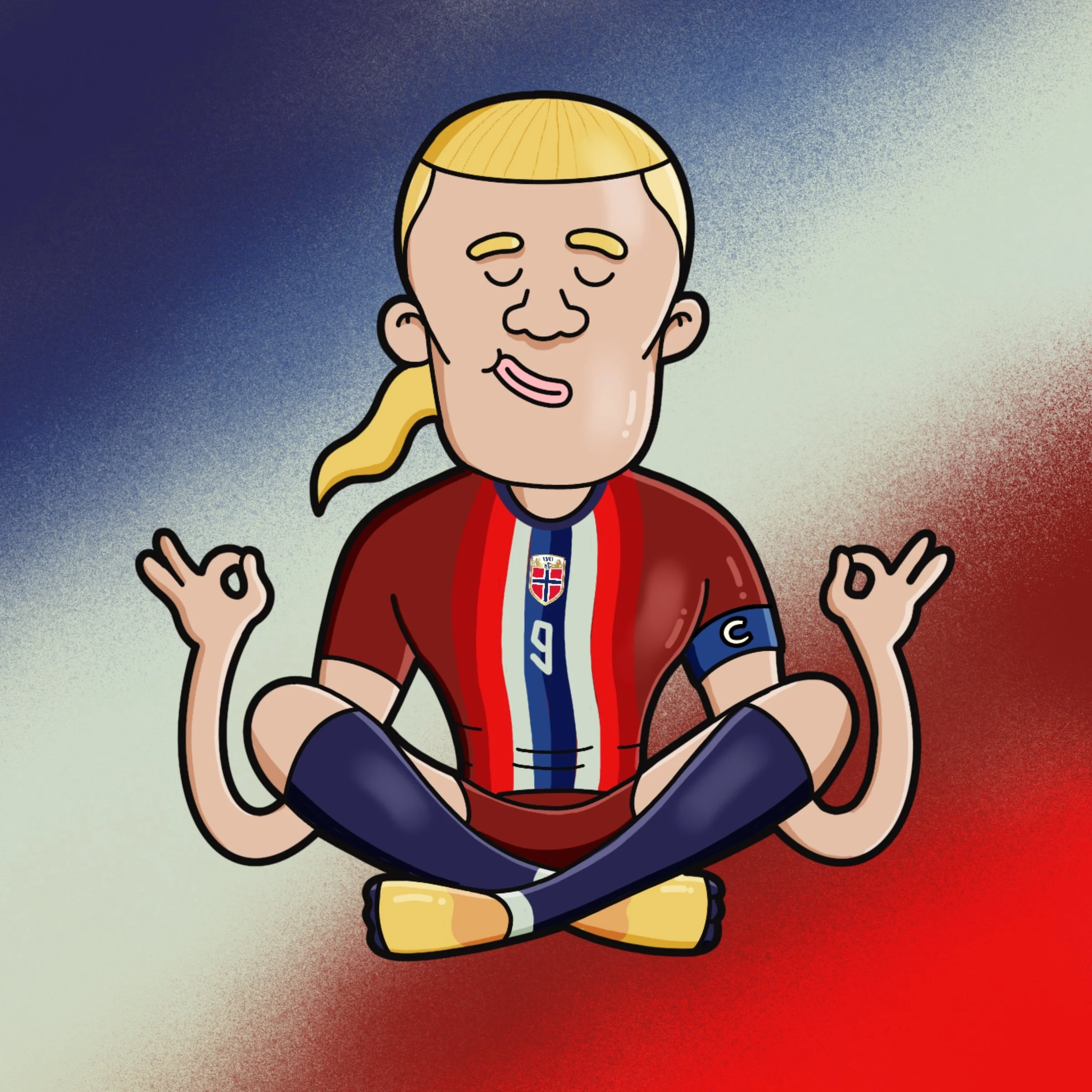 World Cup Soccer Star Erling Haaland meditating in Norway uniform