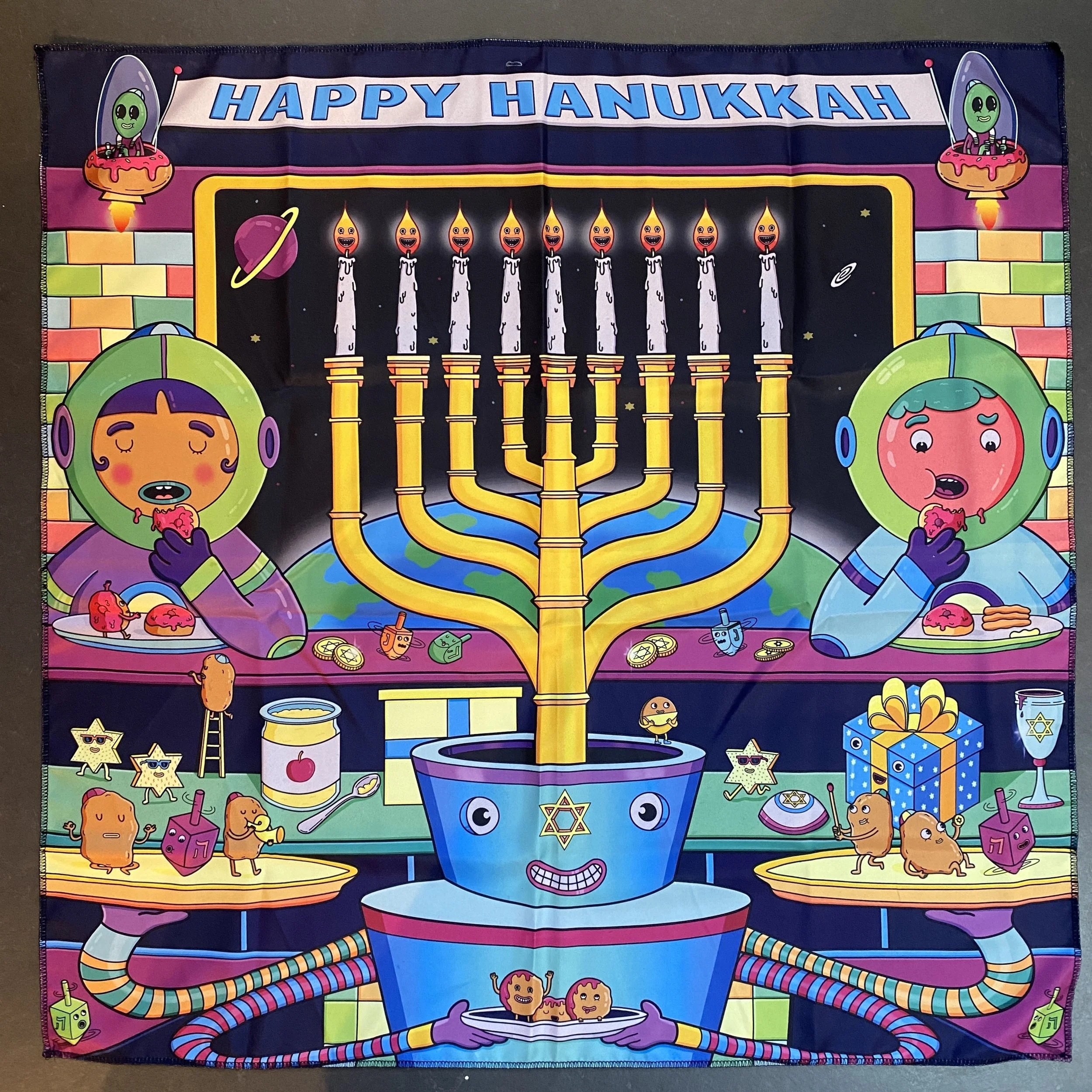 Complete Lush Soap Happy Hanukkah Knotwrap scene illustration by Danvillage — wide view of the full seasonal packaging artwork with astronauts, menorah, and Jewish holiday motifs