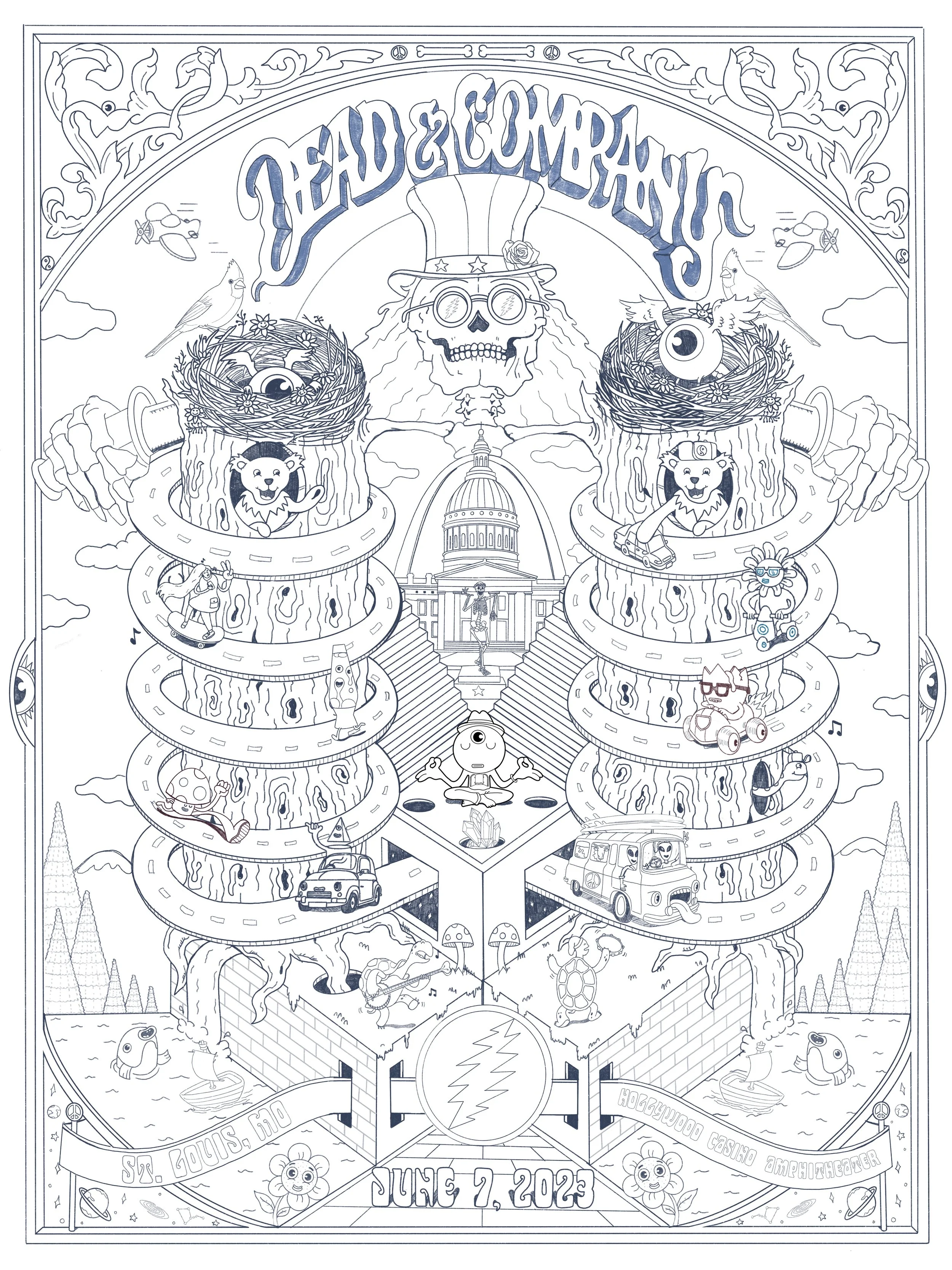Dead & Company St. Louis gig poster line art sketch by illustrator Daniel Sulzberg — detailed pencil drawing of concert poster with Grateful Dead iconography, Gateway Arch, and St. Louis landmarks