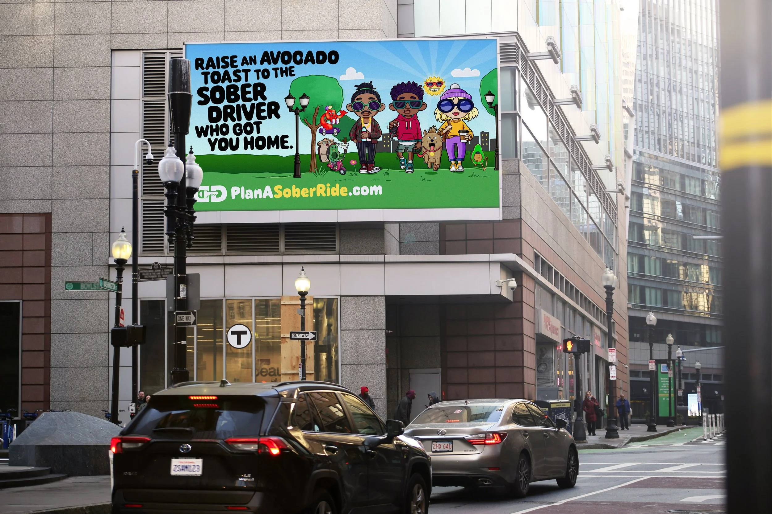 Real outdoor billboard: "Raise an avocado toast to the sober driver who got you home" — CHP Plan A Sober Ride campaign illustration by Danvillage displayed on a city building
