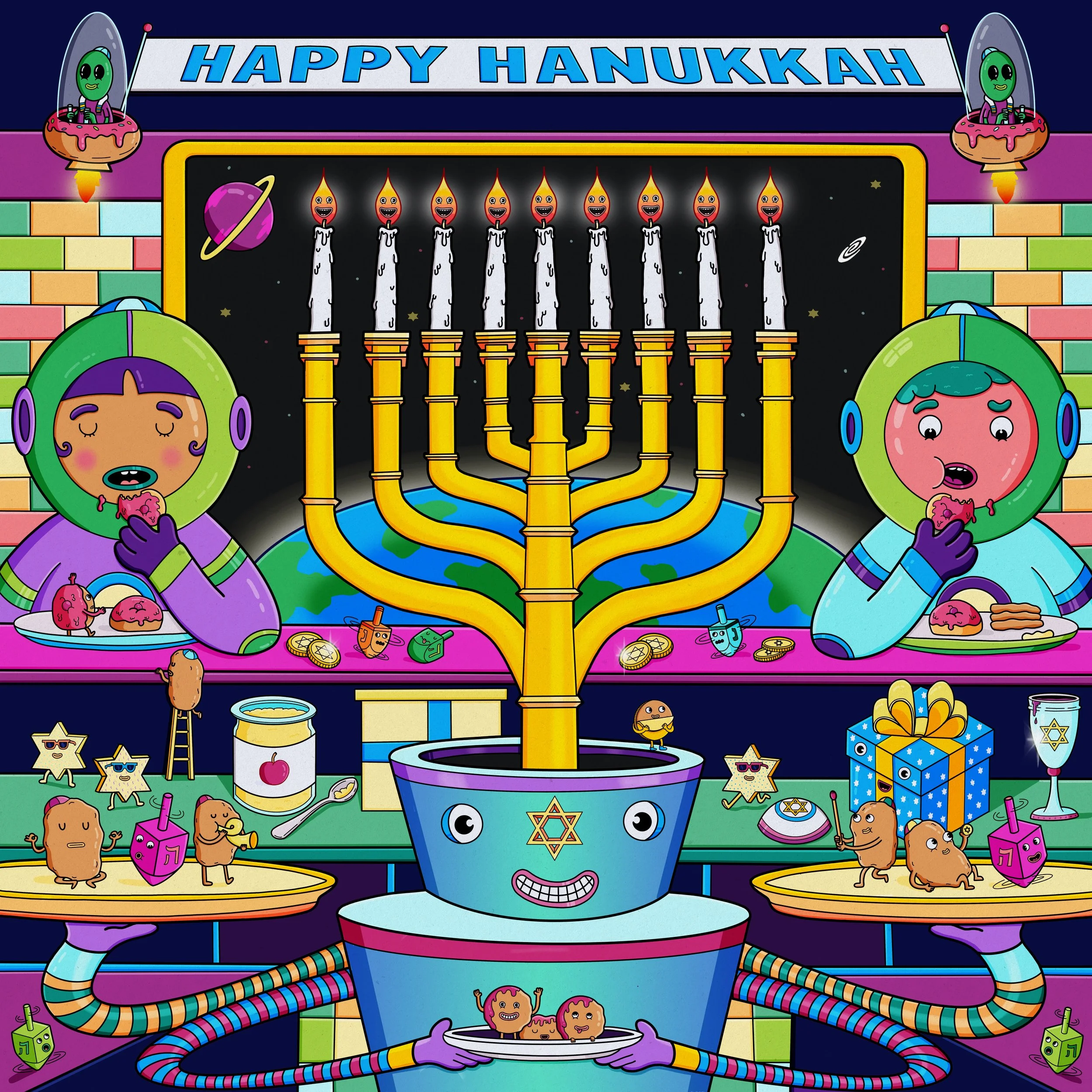 Lush Soap Happy Hanukkah Knotwrap illustration by Danvillage — full artwork showing menorah, astronaut characters, dreidels, latkes, and gelt for seasonal gift packaging