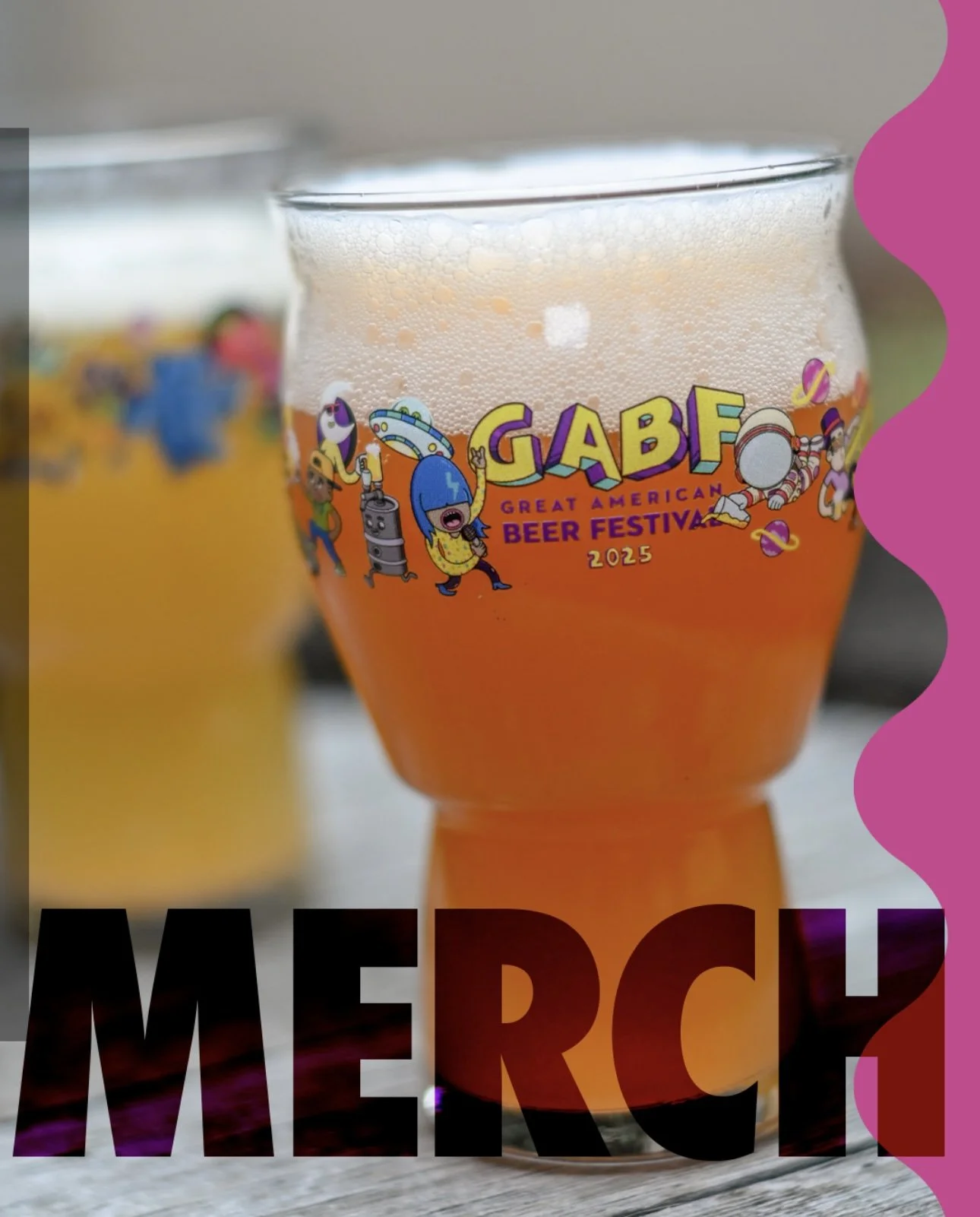 GABF branded craft beer glass at the 2025 Great American Beer Festival merch display with Danvillage illustration