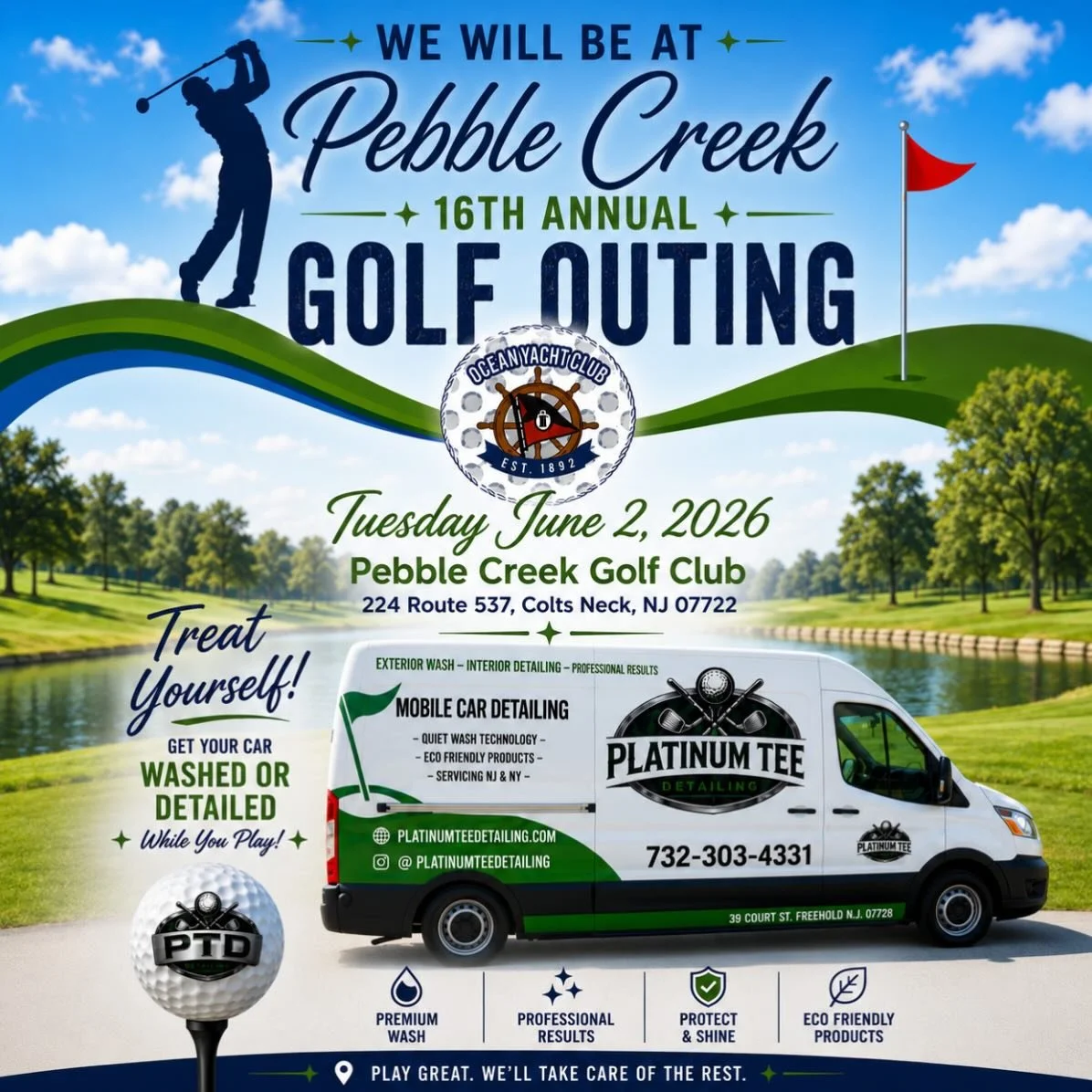 ⛳️ We&rsquo;re excited to be part of the 16th Annual Ocean Yacht Club Golf Outing hosted by Pebble Creek! @pebblecreekcountryclub 

While you&rsquo;re out enjoying a great day on the course, let Platinum Tee Detailing take care of your ride. 🚐✨

✅ P