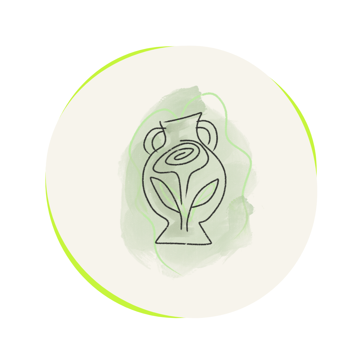 Abstract line drawing of a vase with a plant inside, featuring a spiral flower and two leaves, on light green watercolor background. Parts work
