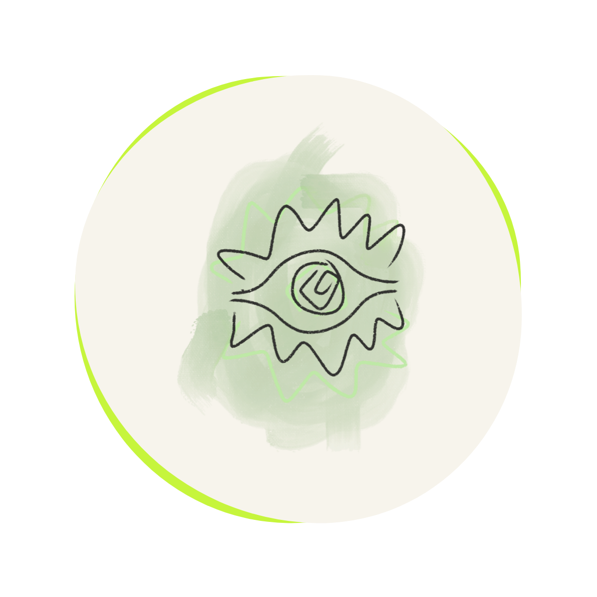 A line drawing of an eye with a spiral in the iris, surrounded by jagged lines, with a green background and abstract shapes. Visual Imagining
