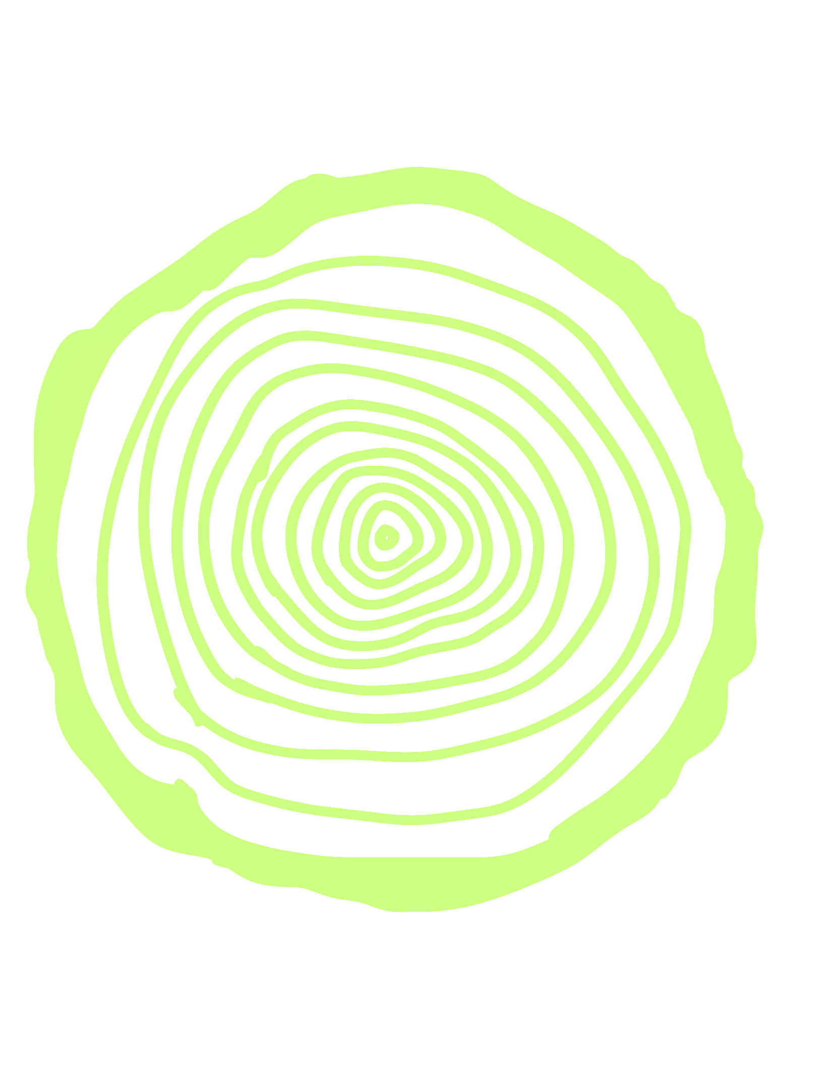 Close-up of a tree trunk cross-section showing tree rings in green on a black background.