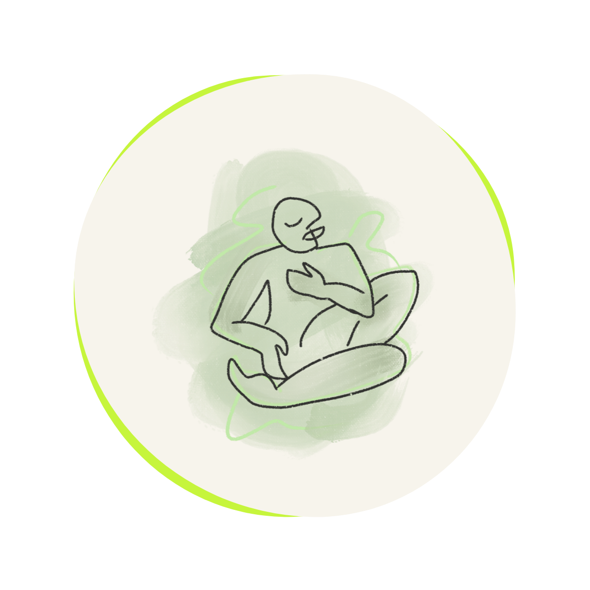 Line drawing of a person sitting cross-legged, holding their heart with a relaxed expression, surrounded by soft green brush strokes. Somatic Healing